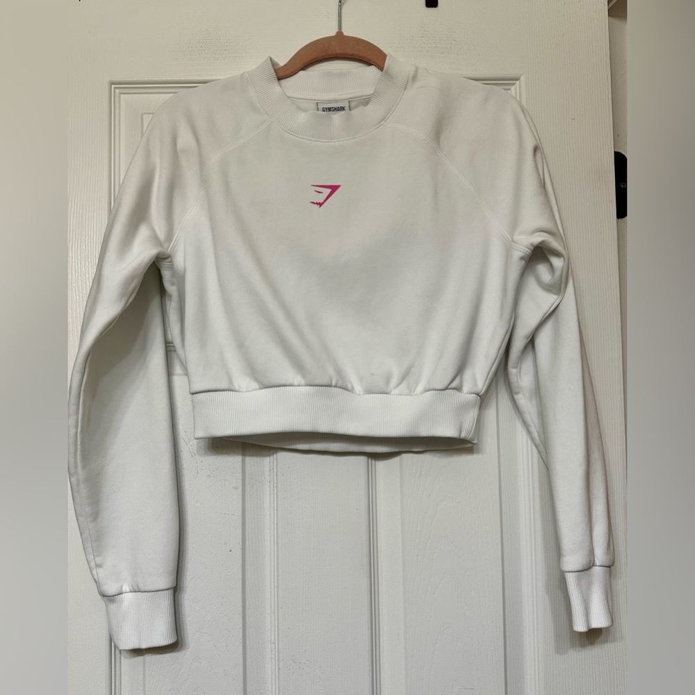 Gymshark Women's White Cropped Sweatshirt with Pink Logo